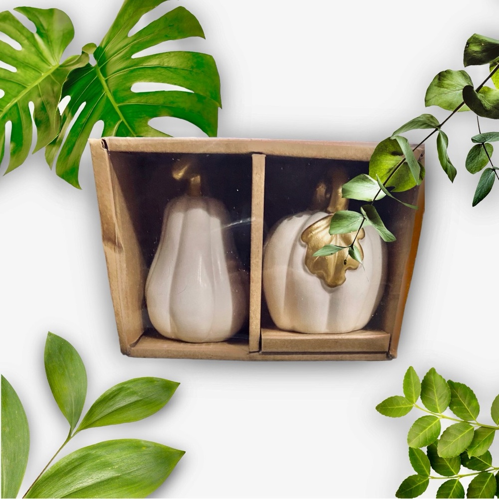 Amici White & Gold Pumpkin Gourd Thirsty Stone Salt and Pepper Shakers NWT - Picture 6 of 11